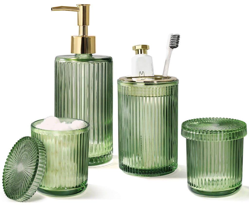 Green Glass Bathroom Accessories 4 Pcs, Green Bathroom Set, Green Soap Dispenser and Toothbrush Holder Set, Qtip Holder Set, Vin