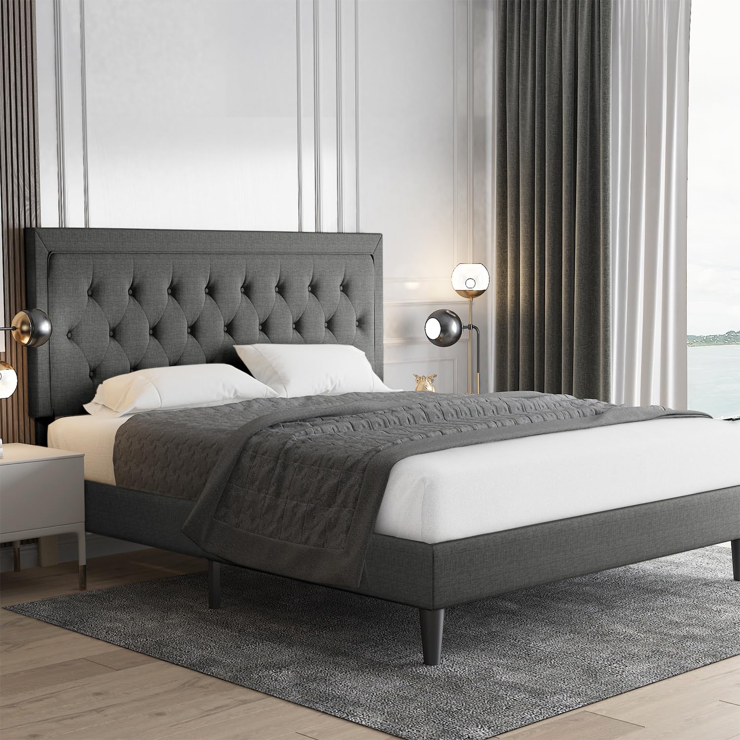 Allewie Full Size Button Tufted Platform Bed Frame/Fabric Upholstered Bed Frame With Adjustable Headboard/Wood Slat Support/Mattress Foundation/Dark Grey (Full)