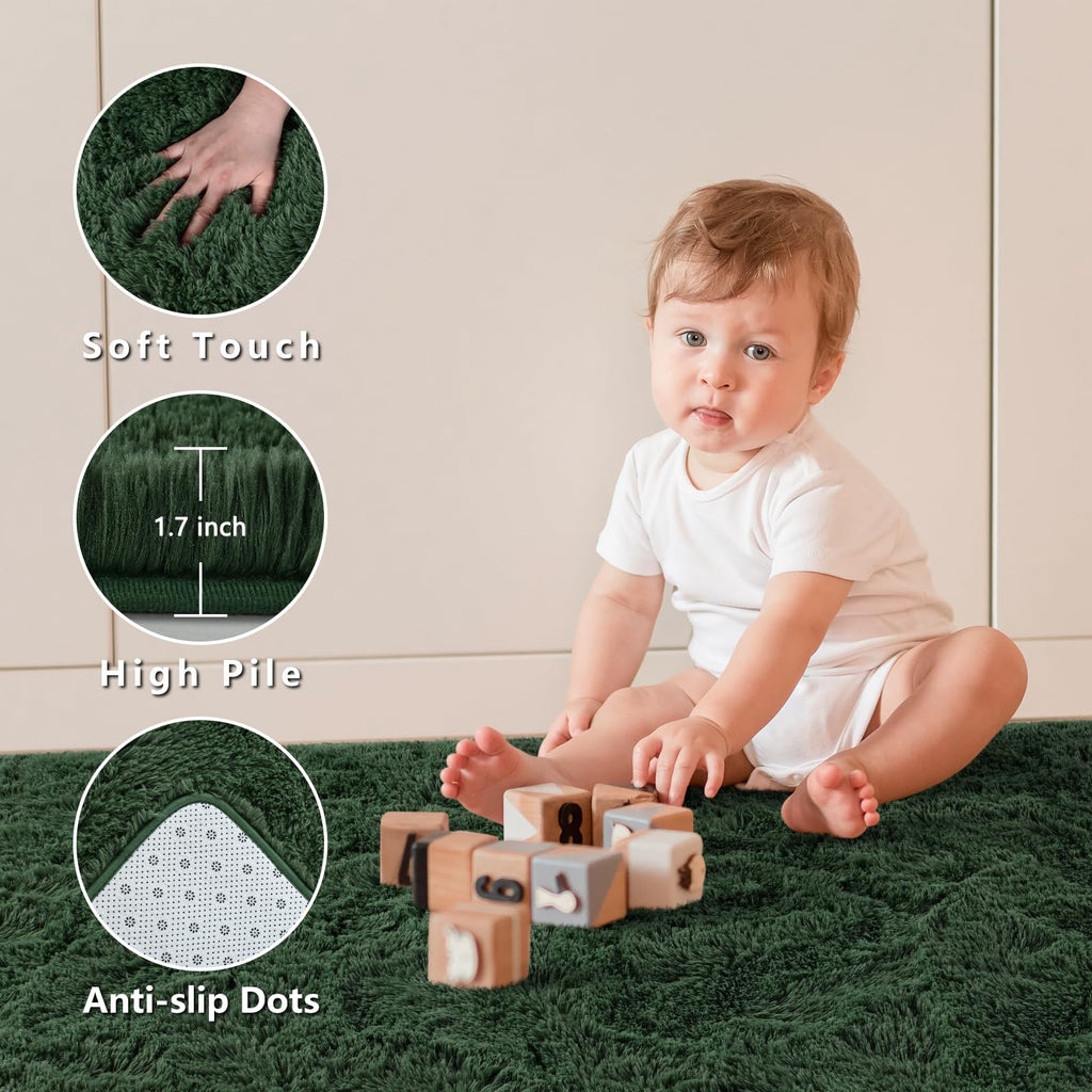 Larhom Fluffy Area Rugs For Living Room Bedroom, 5X8 Dark Green Ultra Soft Plush Fuzzy Rug, Anti-Skid Indoor Carpet Nursery Rugs