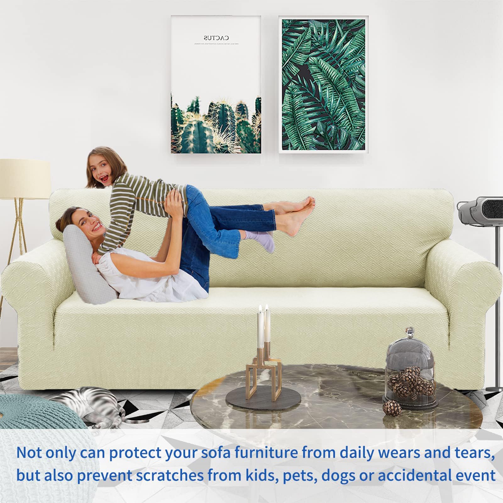 Znsayotx 1 Piece Jacquard Couch Covers For 3 Cushion Couch Living Room High Stretch Sofa Cover Pets Dogs Friendly Anti Slip Thickened Slipcovers Furniture Protector (Large,New Pattern Light Beige)