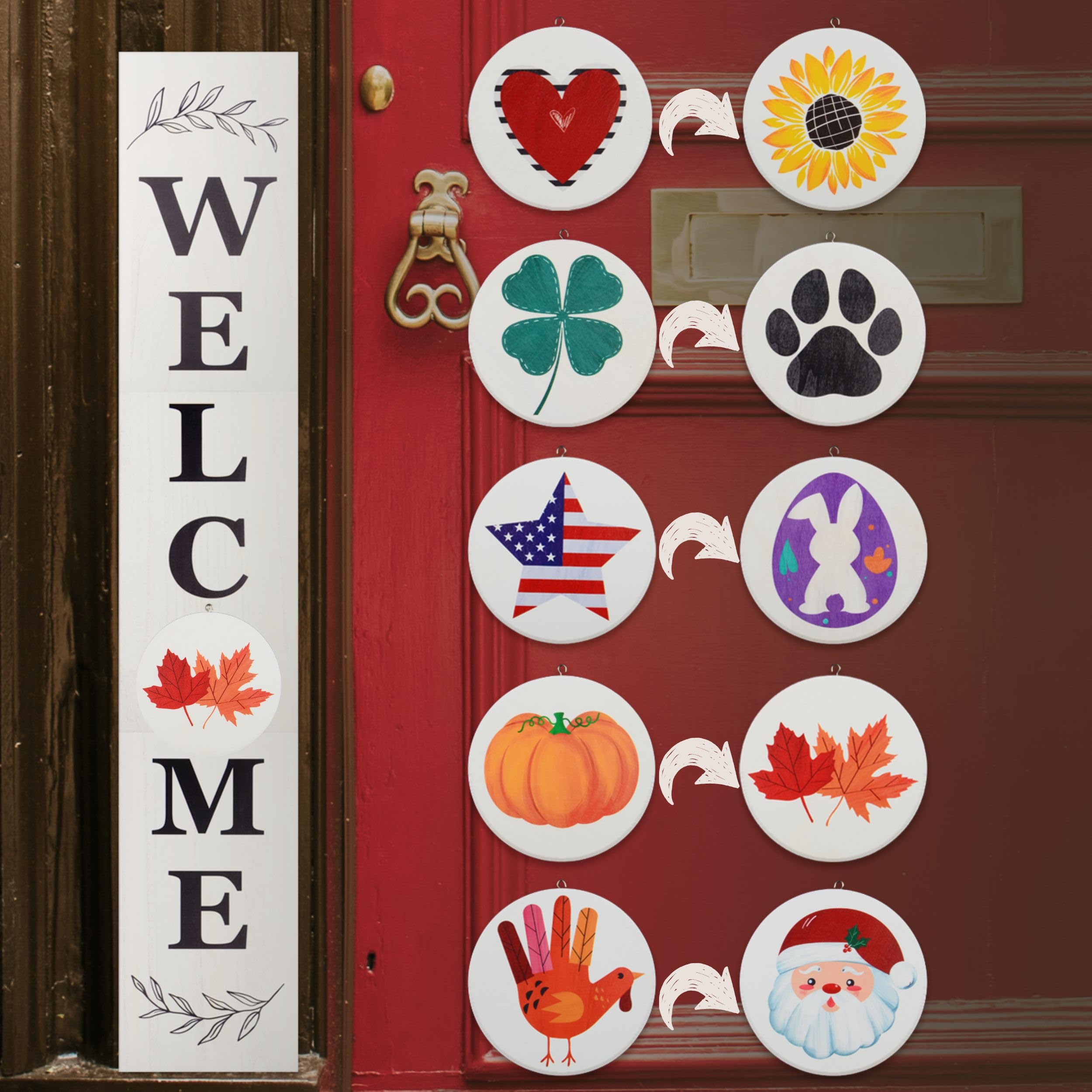 Perfnique Interchangeable Welcome sign for front porch standing, 47 x 7.9 Inch Black Wooden Leaner Sign with 10 Interchangeable 