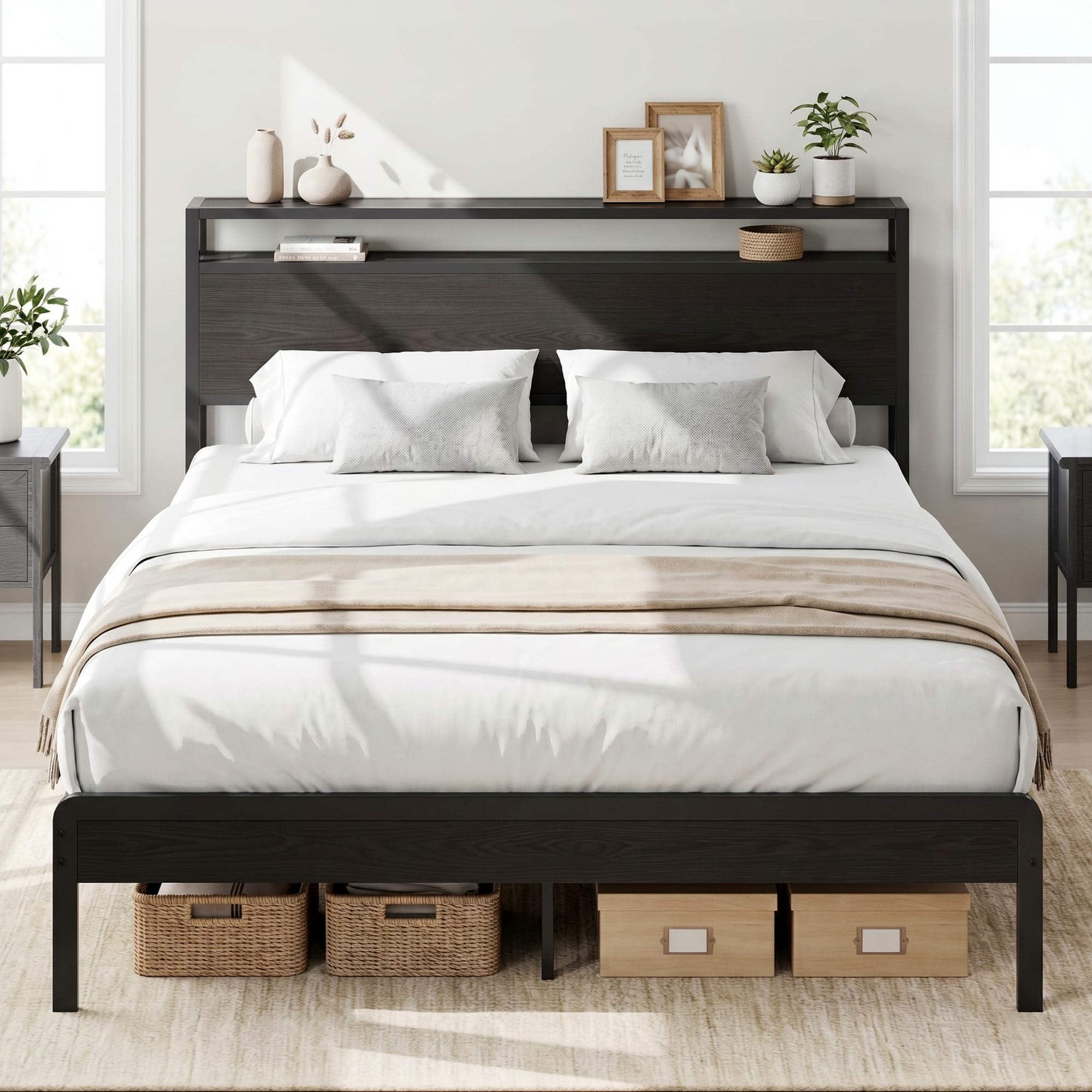 LIKIMIO Queen Bed Frame with Headboard, Dark Wood Camas Queen with Strong Supports, Sturdy, Noise-Free, No Box Spring Needed, Cl