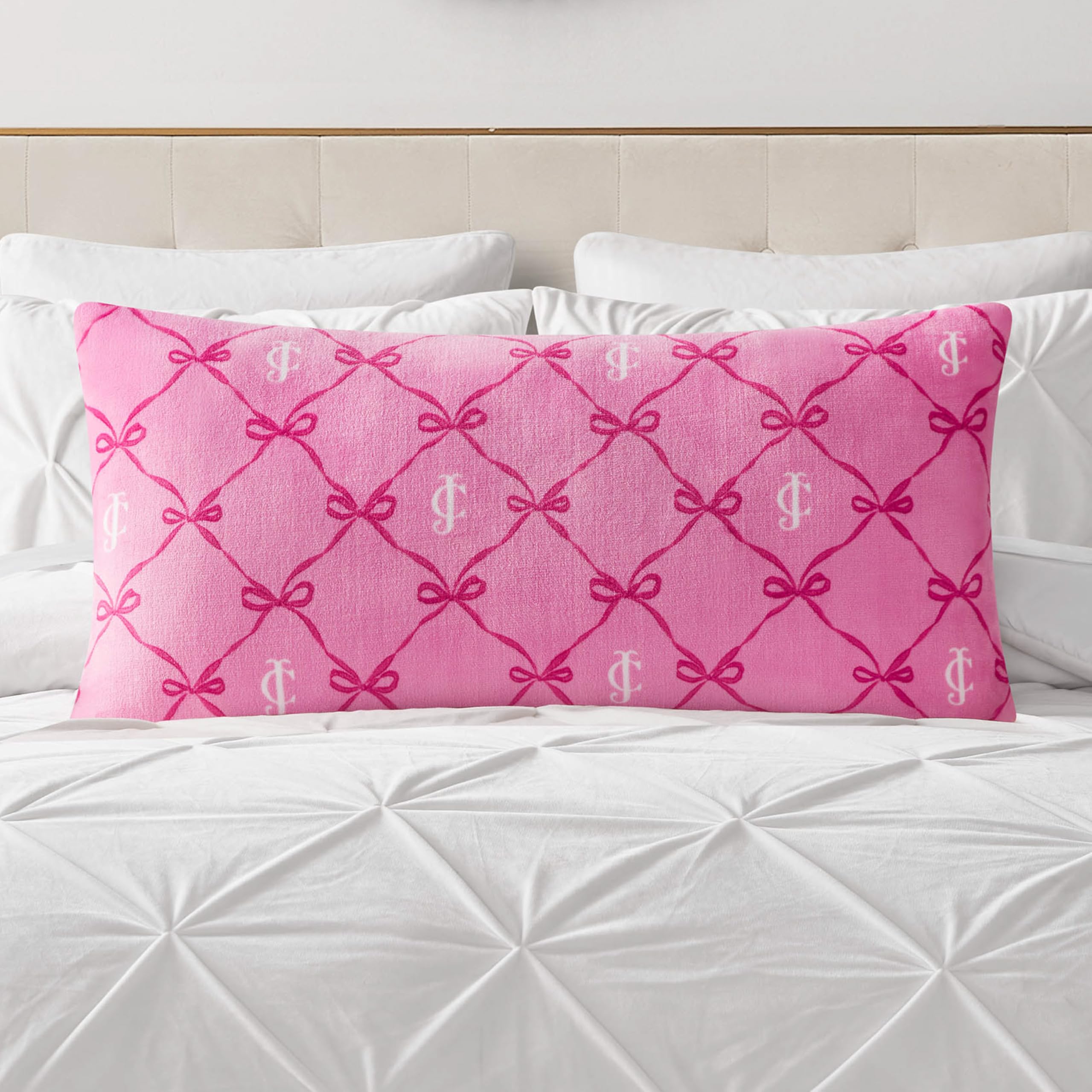 Juicy Couture 18 x 36 Plush Body Pillow, Pink Bow Lattice
