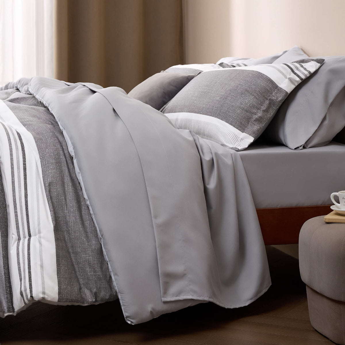 Bedsure King Comforter Set 7 Pieces, Frost Grey Striped Bedding Set For King Size Bed Reversible, Cationic Dyeing Bed In A Bag With Comforter, Sheets, Pillowcases & Shams