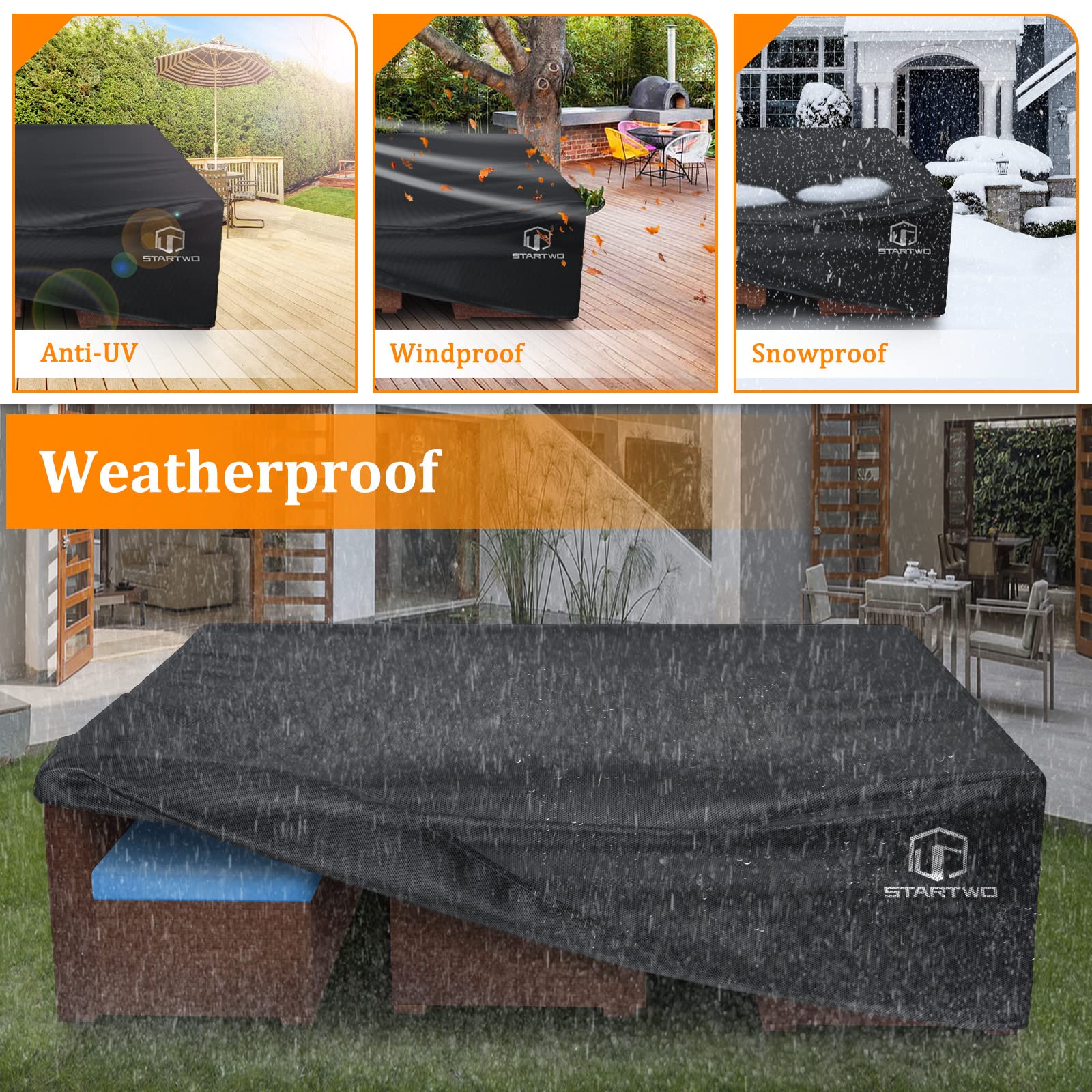 Startwo 2 Years Lifespan Patio Furniture Covers Waterproof, Anti-Uv Tear-Resistant 500D Heavy Duty 7-12 Seats Outdoor Furniture Cover For Sectional Sofa, Patio Table Cover, 110'X84'X28', Black