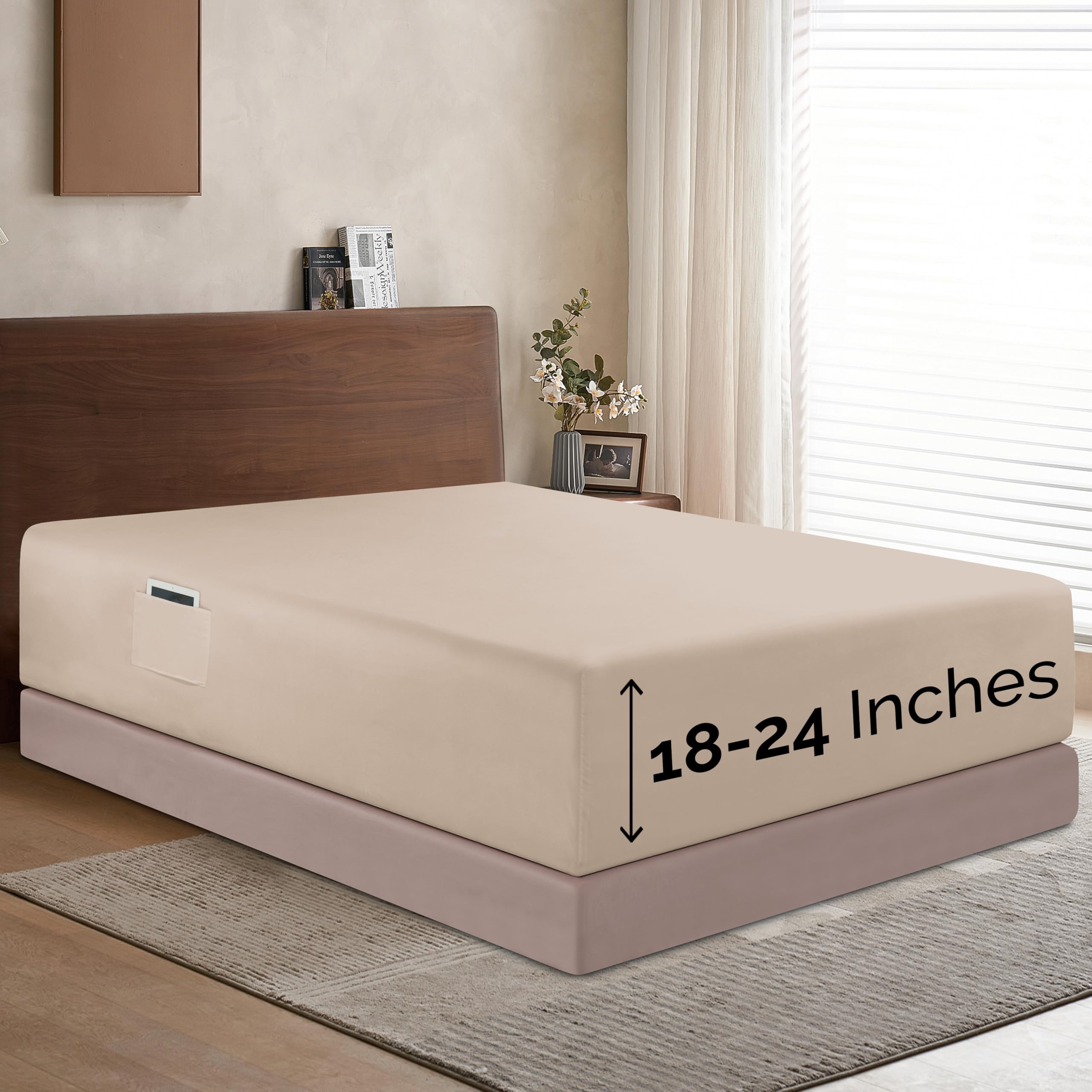 Elegant Comfort 1500 Premium Hotel Quality 18-24 Inches Deep - Extra Deep Pocket Single Fitted Sheet For High Mattress, Luxury And Softest, Smart Pocket - Wrinkle Free, Queen, Cream
