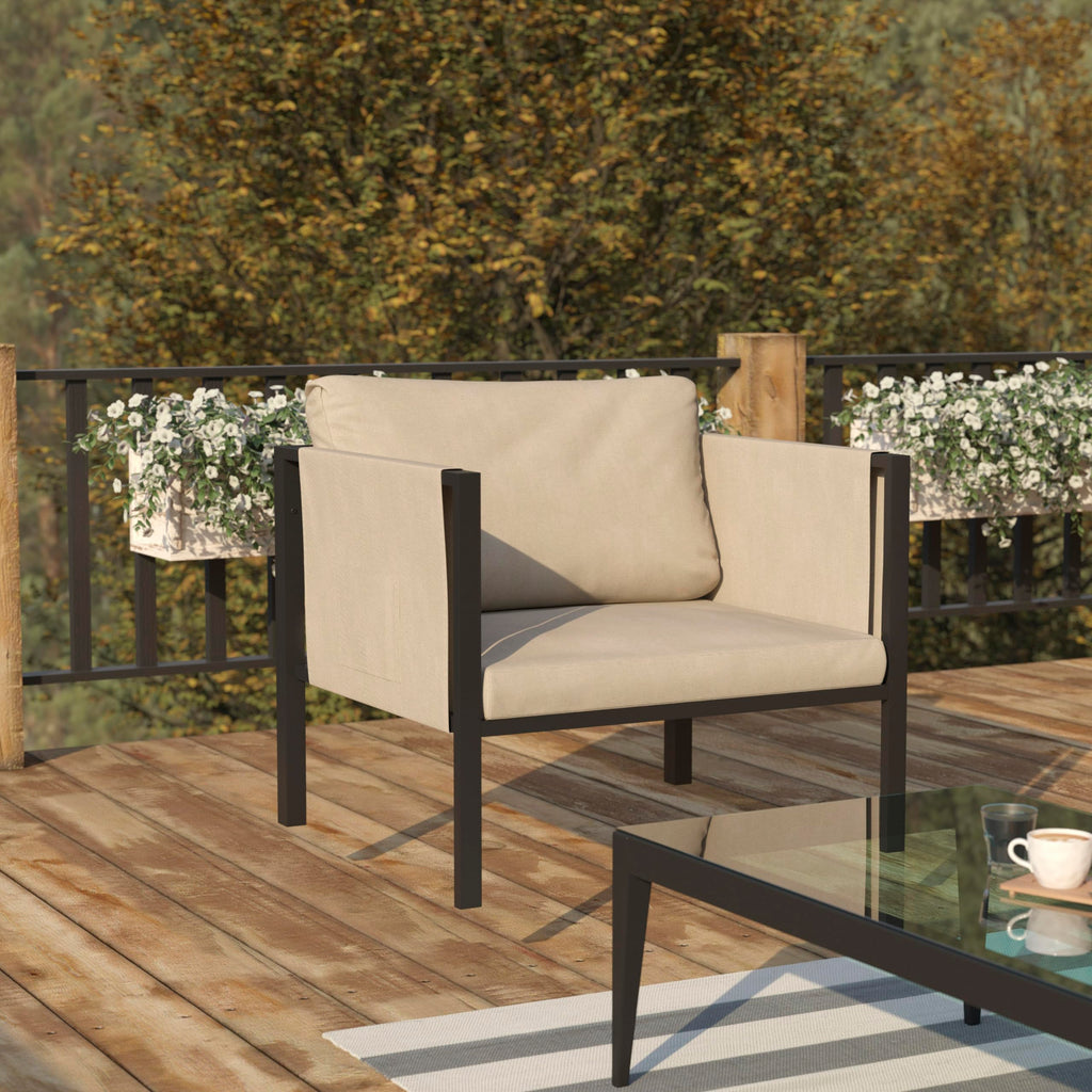 Flash Furniture Lea Indoor/Outdoor Patio Chair With Cushions - Modern Steel Framed Chair With Storage Pockets, Black With Beige Cushions