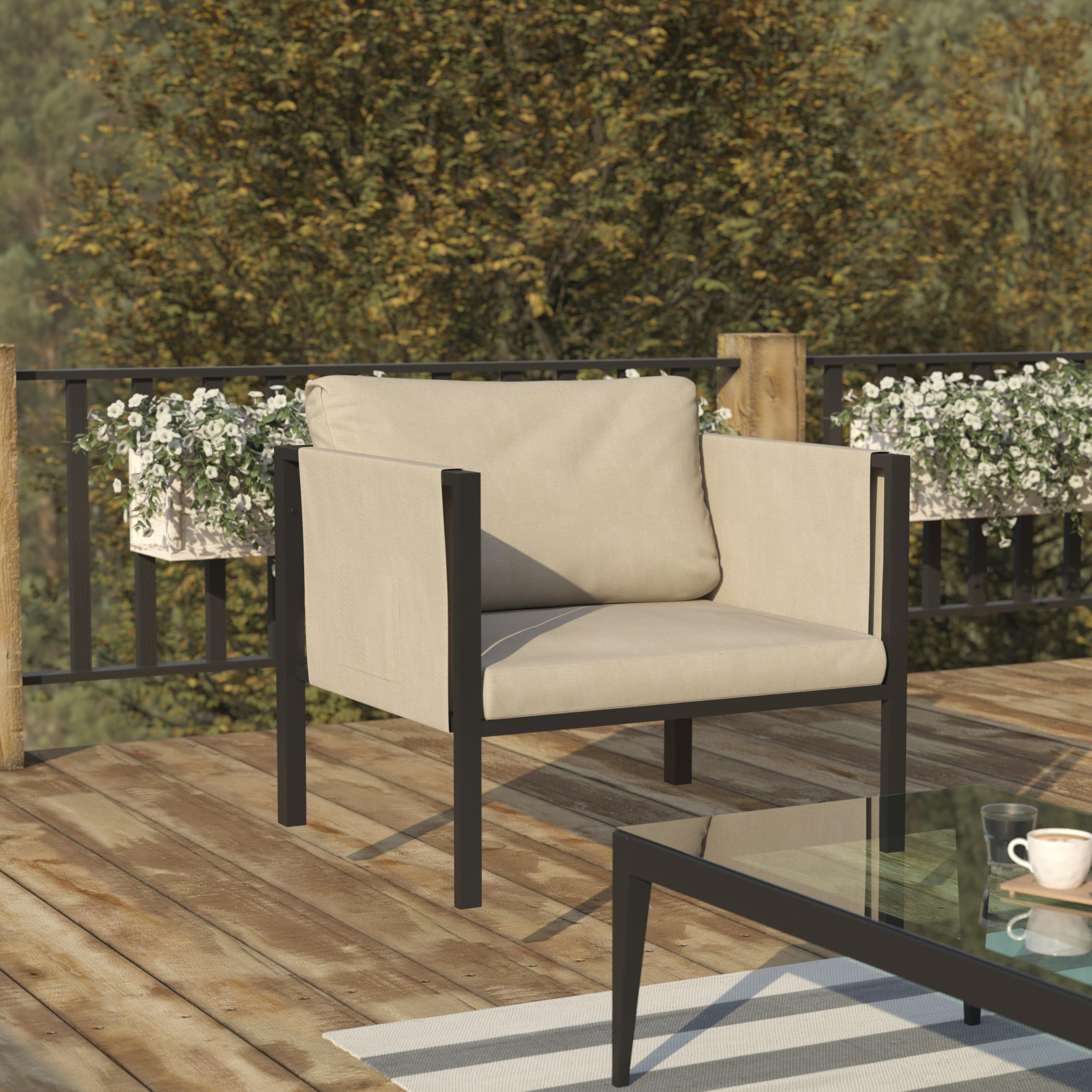 Flash Furniture Lea Indoor/Outdoor Patio Chair With Cushions - Modern Steel Framed Chair With Storage Pockets, Black With Beige Cushions