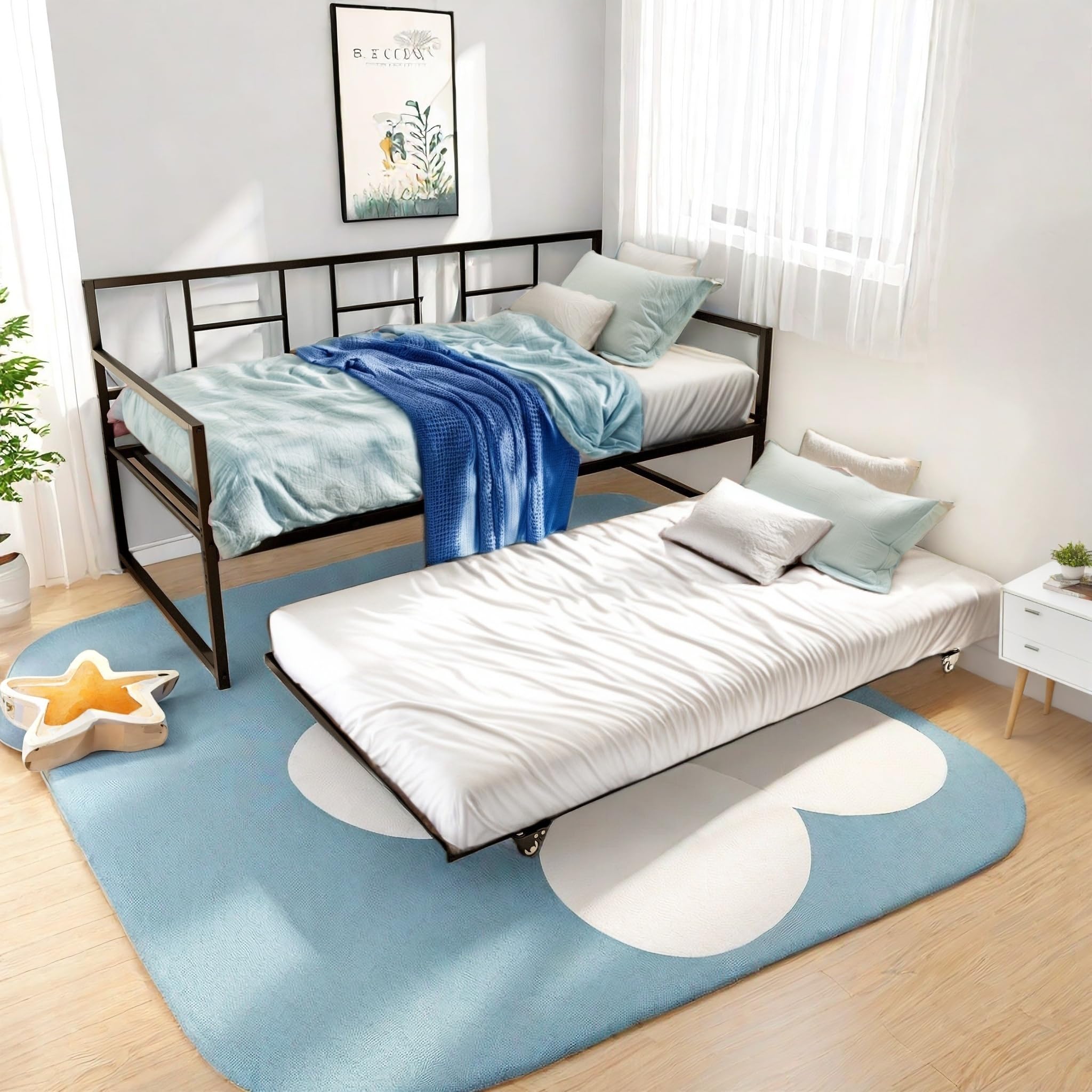 YITAHOME Daybed with Trundle, Adjustable Height Twin Daybed with Pull Out Trundle, Sofa Bed Couch with Steel Slat Support for Li