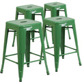 Flash Furniture Lily 4 Pack Commercial Grade 24 High Backless Green Metal Indoor-Outdoor Counter Height Stool with Square Seat