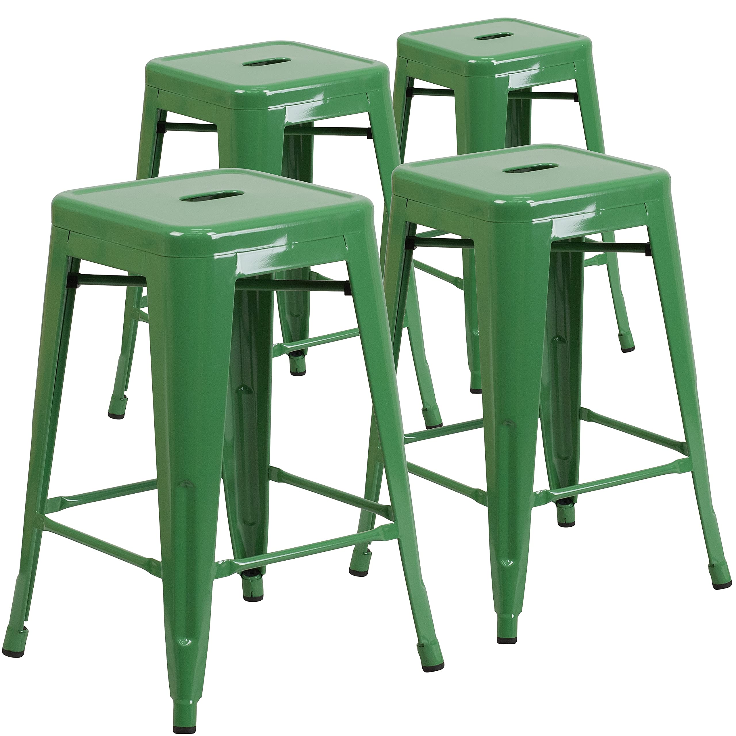 Flash Furniture Lily 4 Pack Commercial Grade 24 High Backless Green Metal Indoor-Outdoor Counter Height Stool with Square Seat