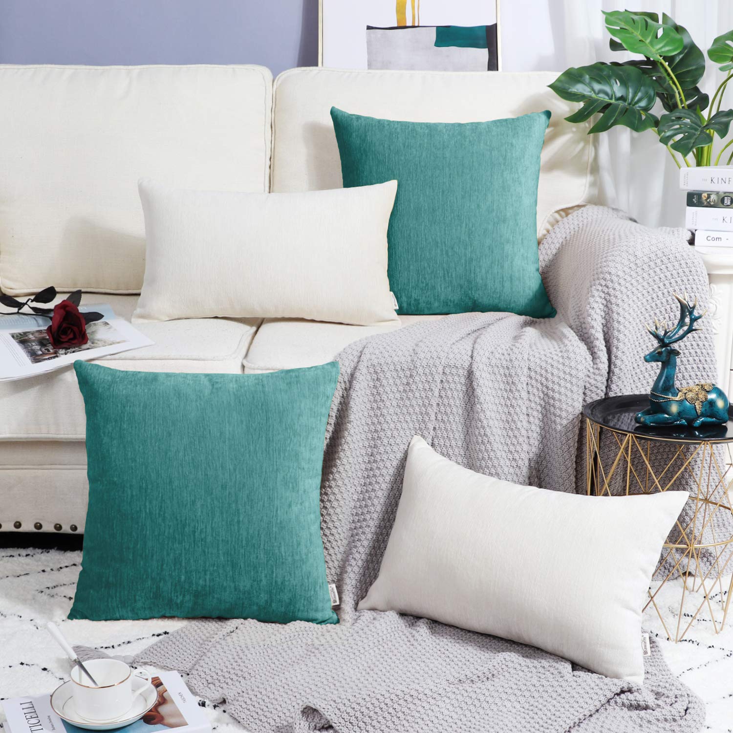 Brawarm Chenille Throw Pillow Covers 22X22 Inches - Teal Chenille Pillow Covers Pack Of 2, Solid Dyed Soft Chenille Pillow Cases