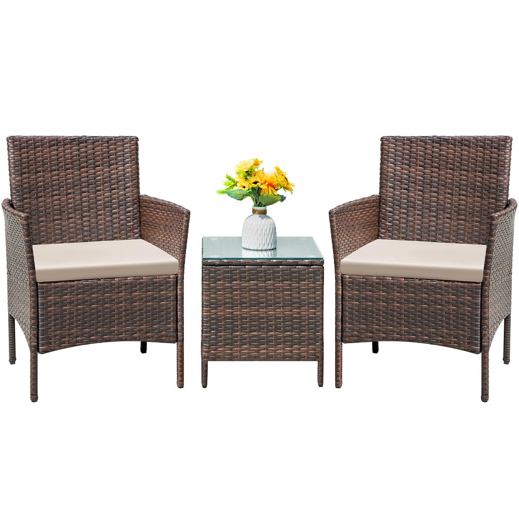 Flamaker Patio Furniture Set 3 Pieces All-Weather Rattan Outdoor Furniture Patio Chairs With Tempered Glass Table For Porch Bistro Balcony (Brown/Cream)