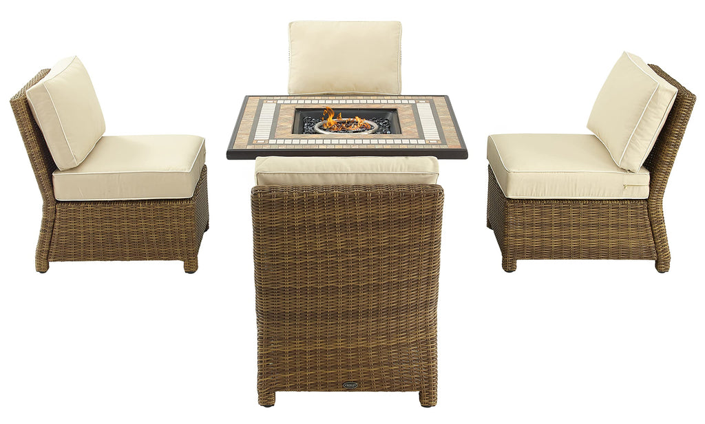 Crosley Furniture Bradenton 5-Piece Wicker Outdoor Chair Patio Furniture Set with Propane Gas Fire Pit Table, Brown with Sand Cushions