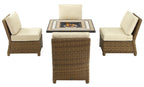 Crosley Furniture Bradenton 5-Piece Wicker Outdoor Chair Patio Furniture Set with Propane Gas Fire Pit Table, Brown with Sand Cushions