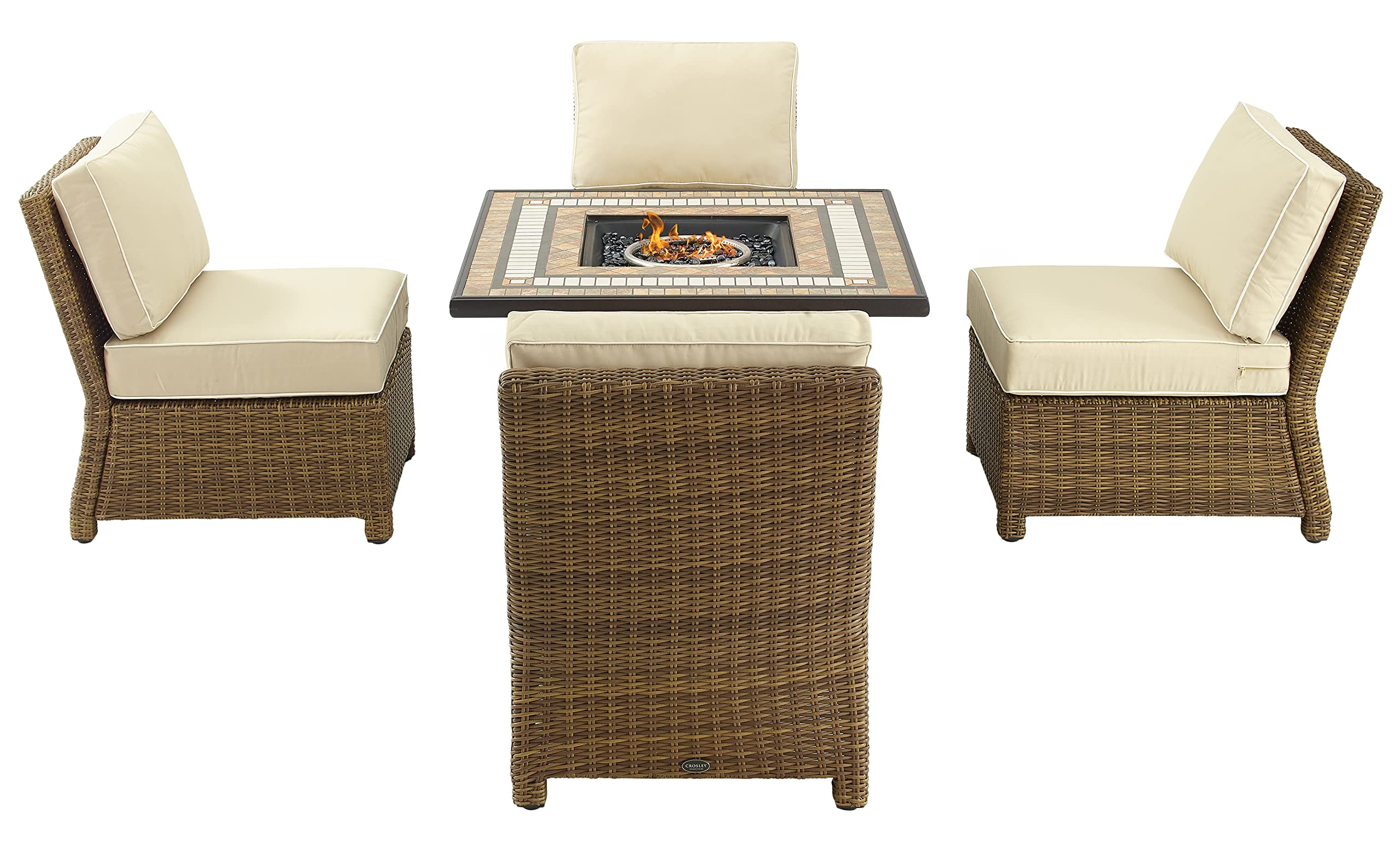 Crosley Furniture Bradenton 5-Piece Wicker Outdoor Chair Patio Furniture Set with Propane Gas Fire Pit Table, Brown with Sand Cushions
