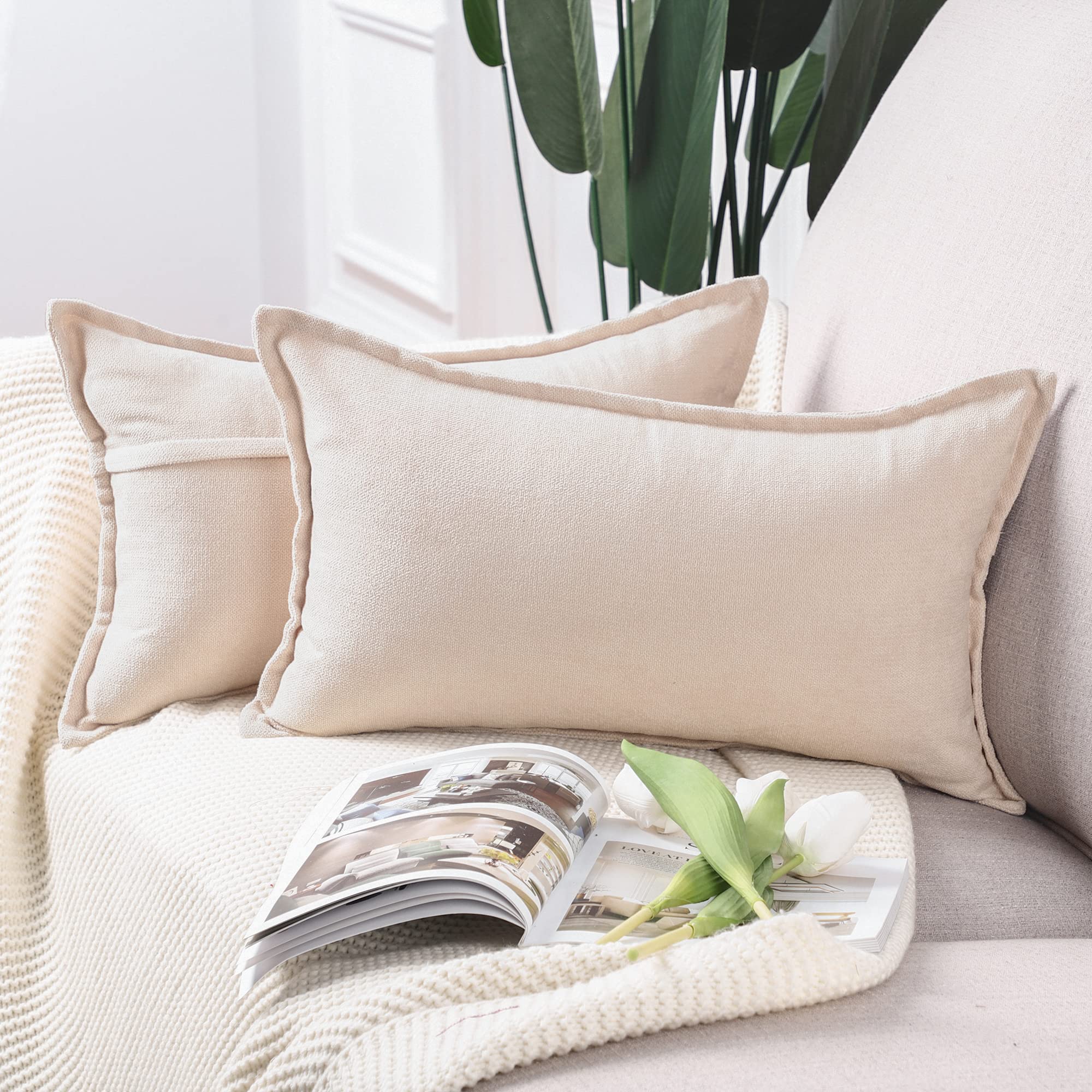 Madizz Set Of 2 Short Chenille Throw Pillow Covers 12X20 Inch Beige Soft Decorative Cushion Cover For Sofa Bedroom Pillow Shell