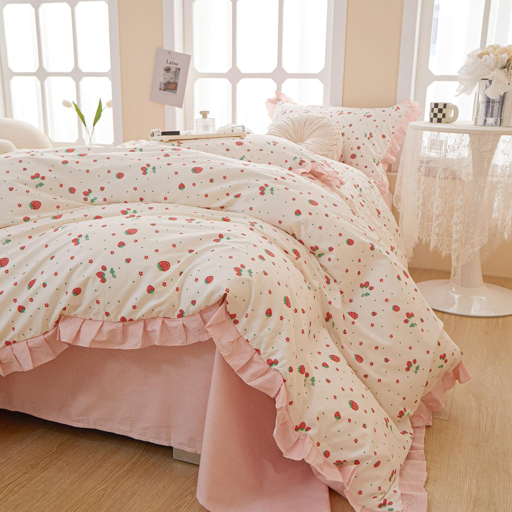Kawaii Pink Strawberry Duvet Cover Twin Cotton Girls Lace Duvet Cover Cute Ruffle Strawberry Bedding Set Kawaii Strawberry Ruffl