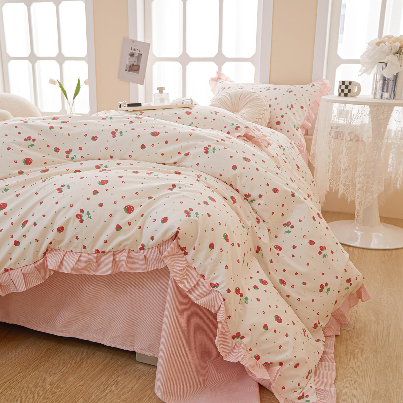 Kawaii Pink Strawberry Duvet Cover Twin Cotton Girls Lace Duvet Cover Cute Ruffle Strawberry Bedding Set Kawaii Strawberry Ruffl