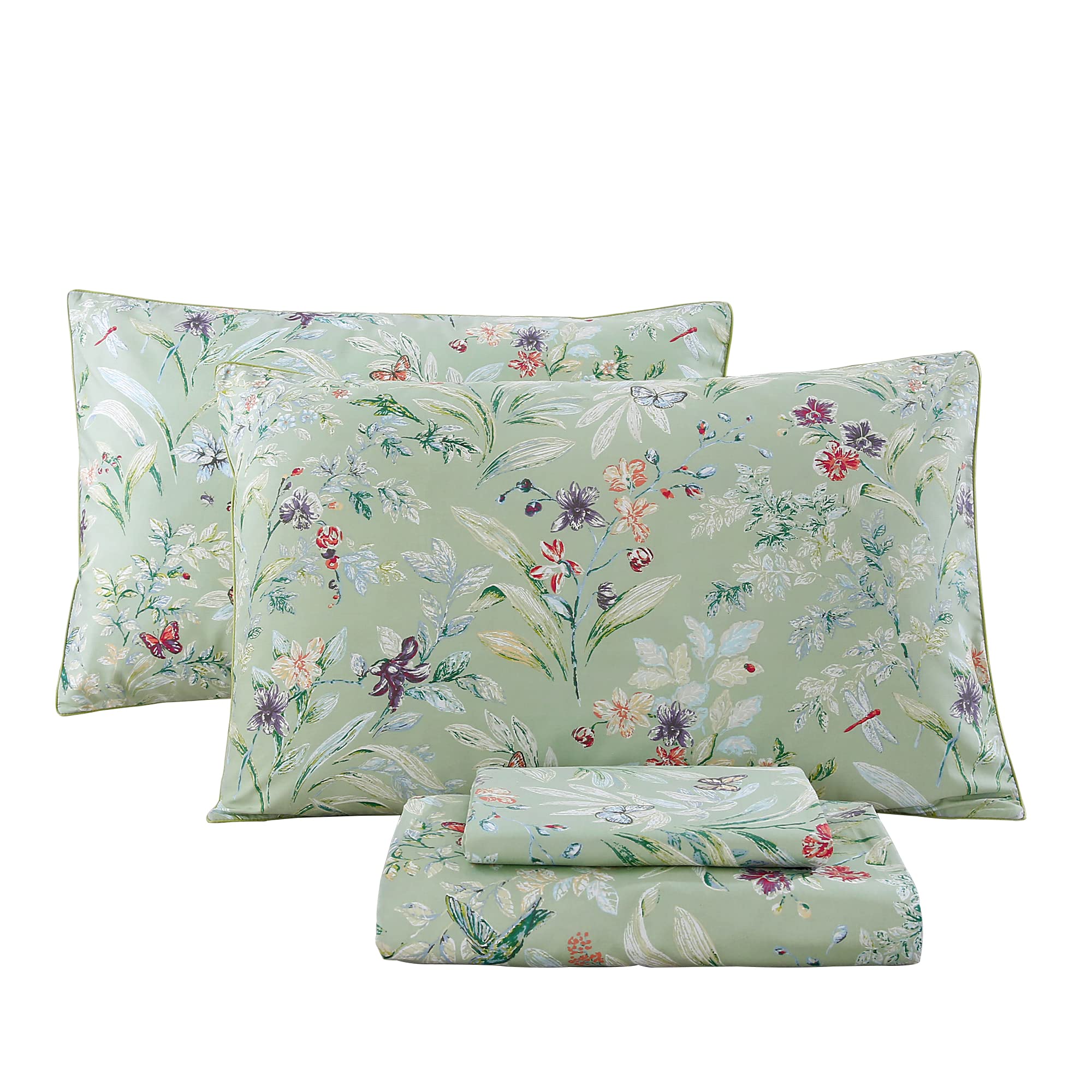 Urbonur Garden Floral Sheets Set Sage Green 4Pcs Queen Size, Egyptian Cotton Silky Cooling Bed Sheets Set, Wrinkle Resistant Dee