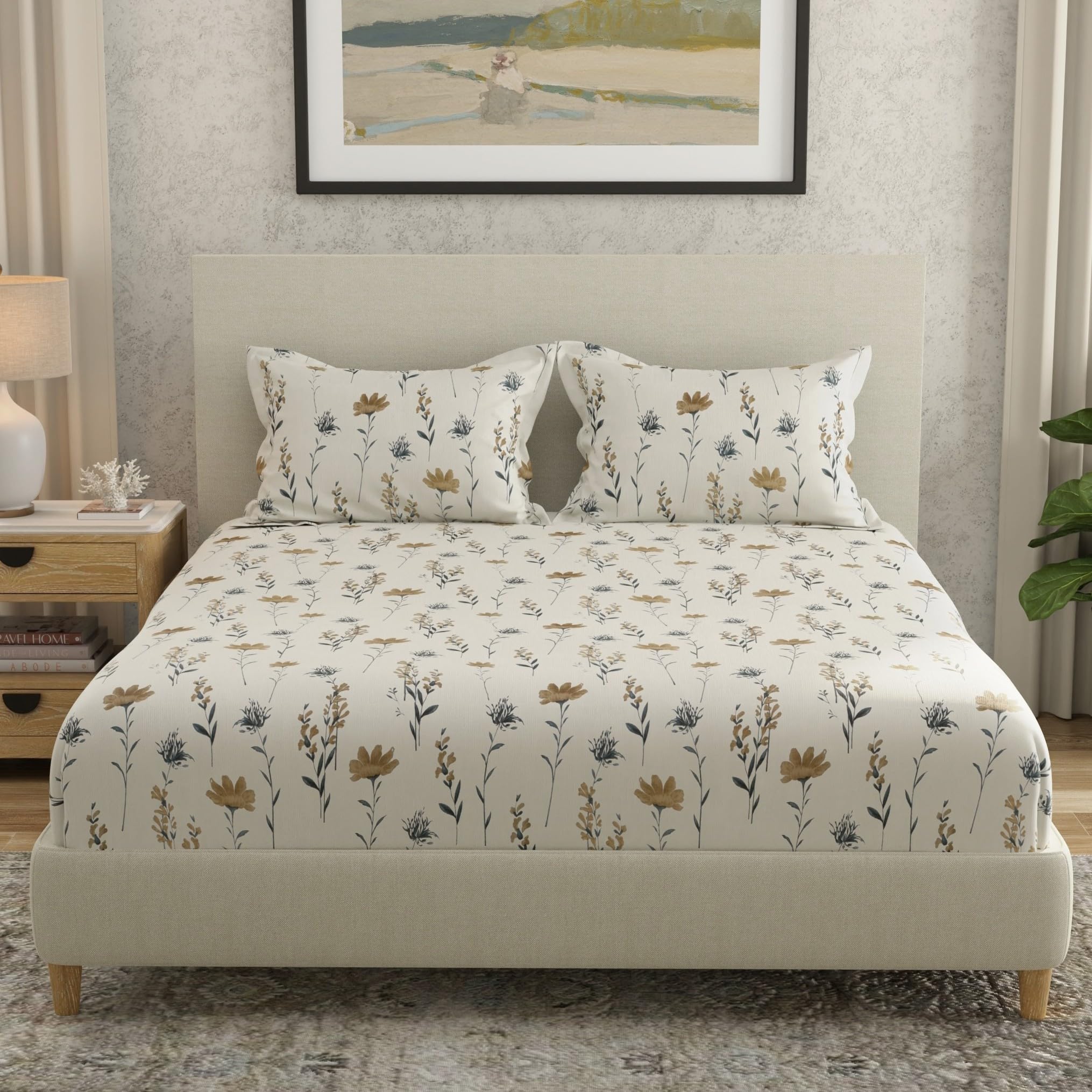 Huesland By Ahmedabad Cotton 144 Tc Double Bedsheet Cotton With 2 Pillow Covers | White & Olive Green