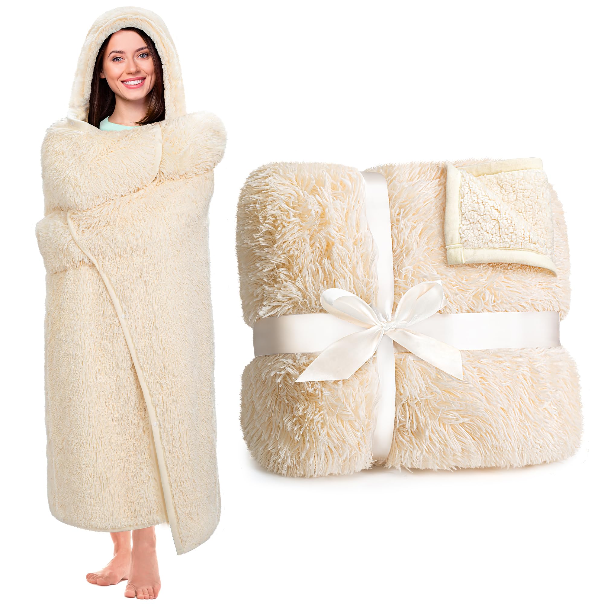 Ivory Wearable Throw Blanket Hoodie For Women - Perfect Sherpa Fleece Shaggy Blanket Gift, Birthday Present For Girls And Mom, C