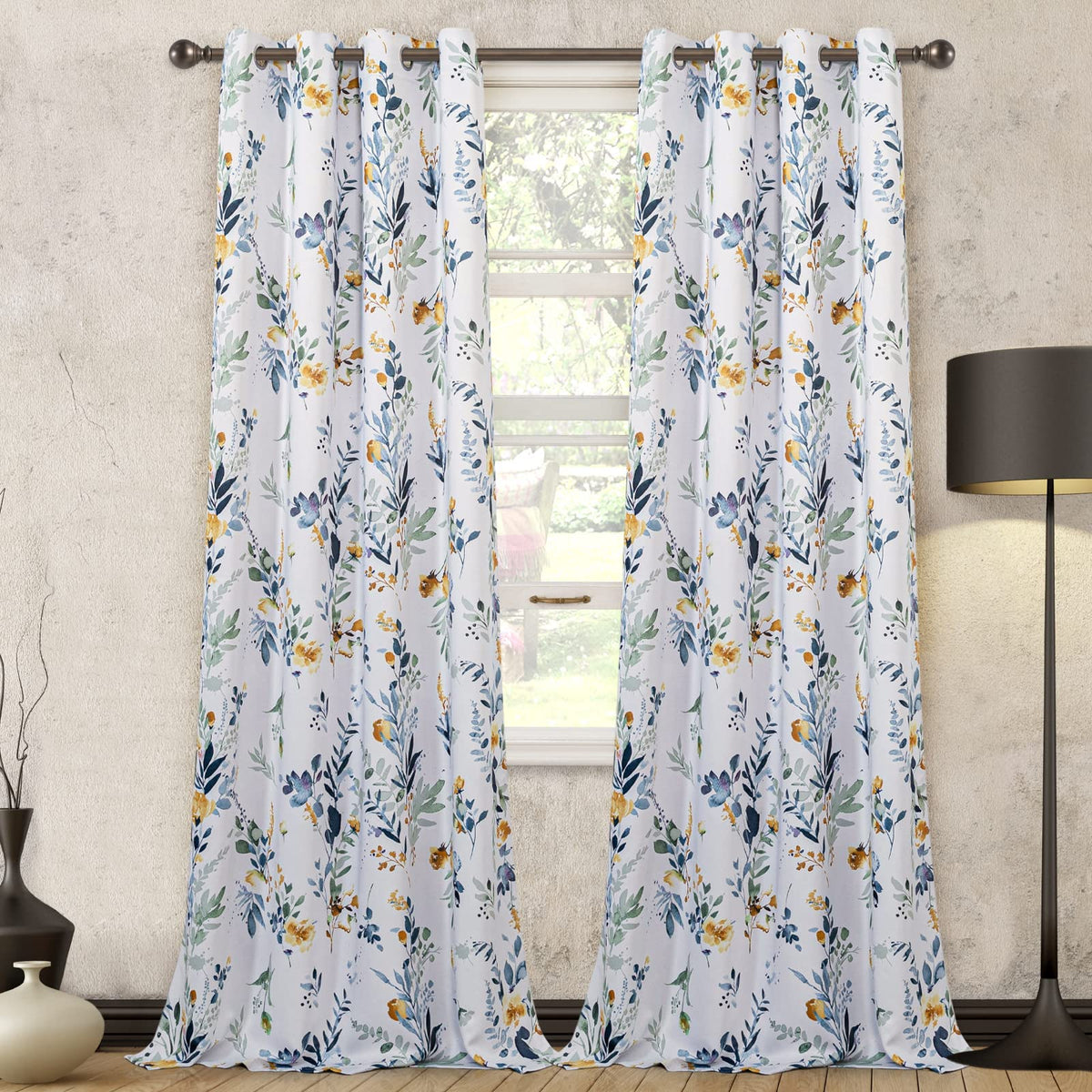 Mysky Home 102 Inch Long Floral Curtains For Living Room Bedroom Curtains Thermal Insulated Light Blocking Window Curtains For Dining Room Patio Grommet Drapes, 2 Panels, Yellow And Blue