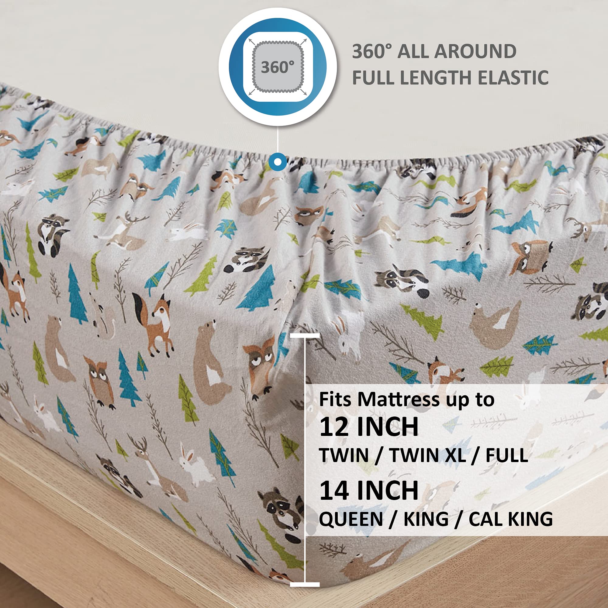 Comfort Spaces Cotton Flannel Breathable Warm, Deep Pocket Sheets With Pillow Case Bedding, Full, Multi Forest Animals 4 Piece