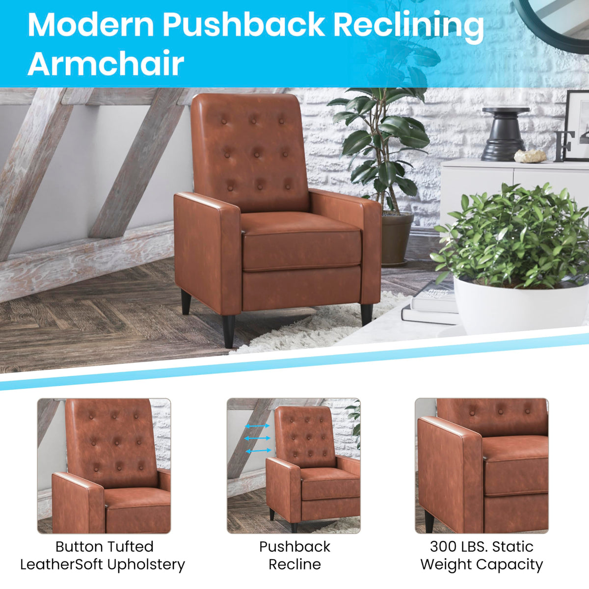 Flash Furniture Erza LeatherSoft Button Tufted Pushback Recliner, Mid-Century Modern Recliner Chair for Residential and Commercial Use, Cognac Brown