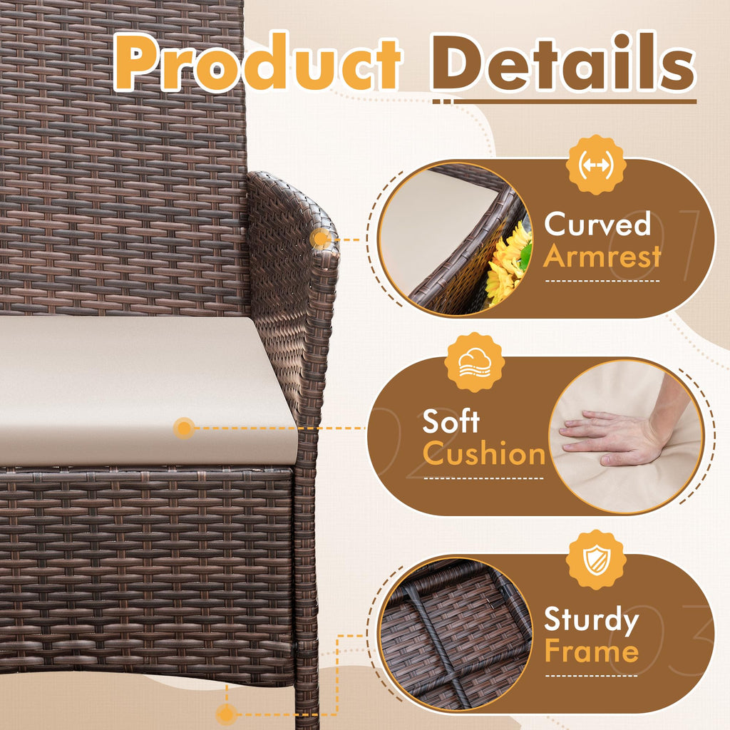 Flamaker Patio Furniture Set 3 Pieces All-Weather Rattan Outdoor Furniture Patio Chairs With Tempered Glass Table For Porch Bistro Balcony (Brown/Cream)