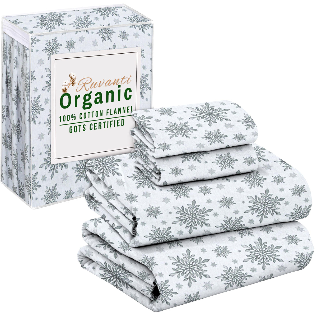 Ruvanti Flannel Sheets Full Size  Gots Certified 100% Organic Cotton, 4 Piece Warm, Soft & Breathable Set, Deep Pocket Snug Fit