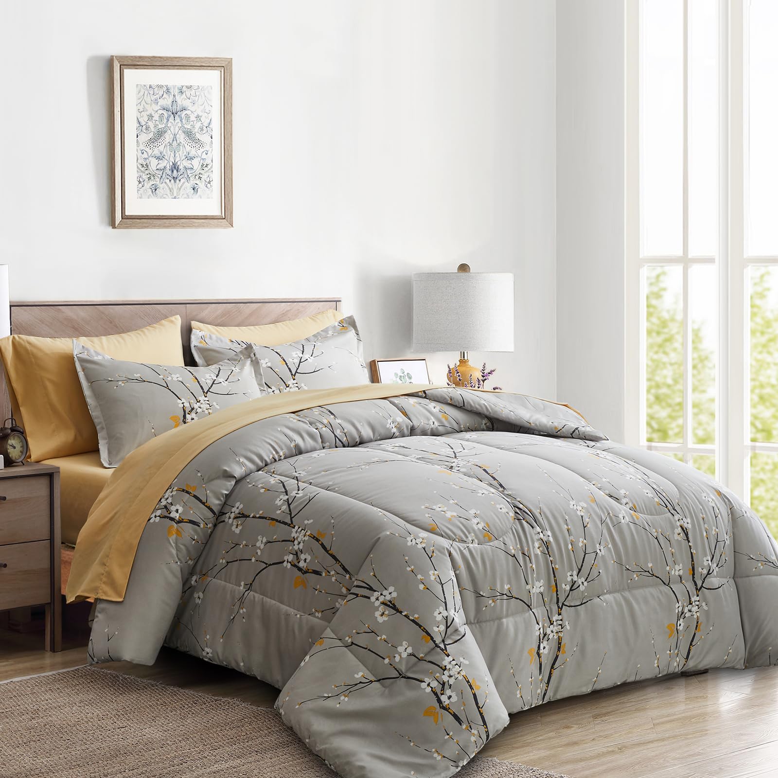 Gray Comforter Sheet Set Bed In A Bag 7 Pieces King Size Tree Branch Bloom Flower Spring Summer Bedding Set (1 Comforter 2 Pillo