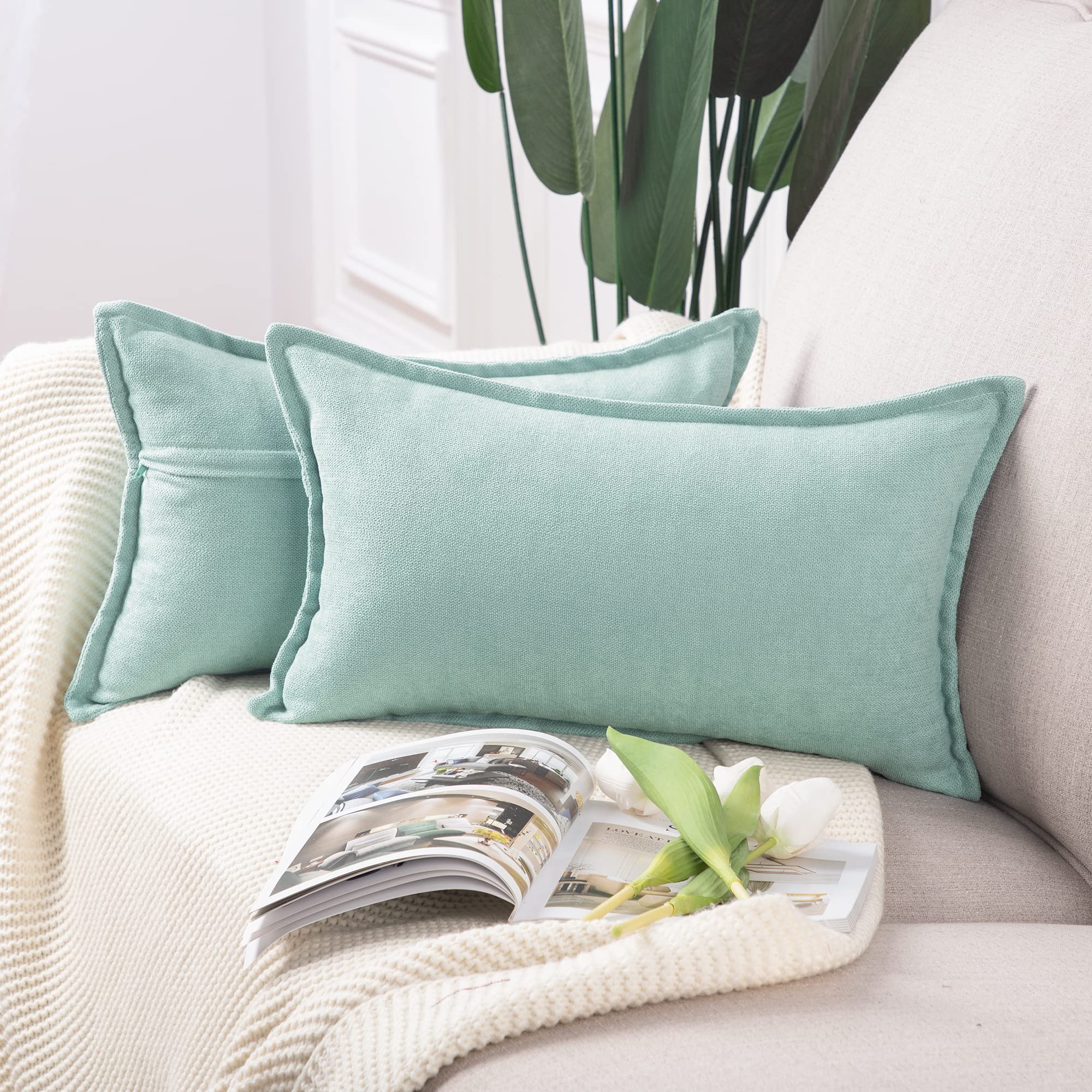 Madizz Set Of 2 Short Chenille Throw Pillow Covers 12X20 Inch Light Teel Soft Decorative Cushion Cover For Sofa Bedroom Pillow S