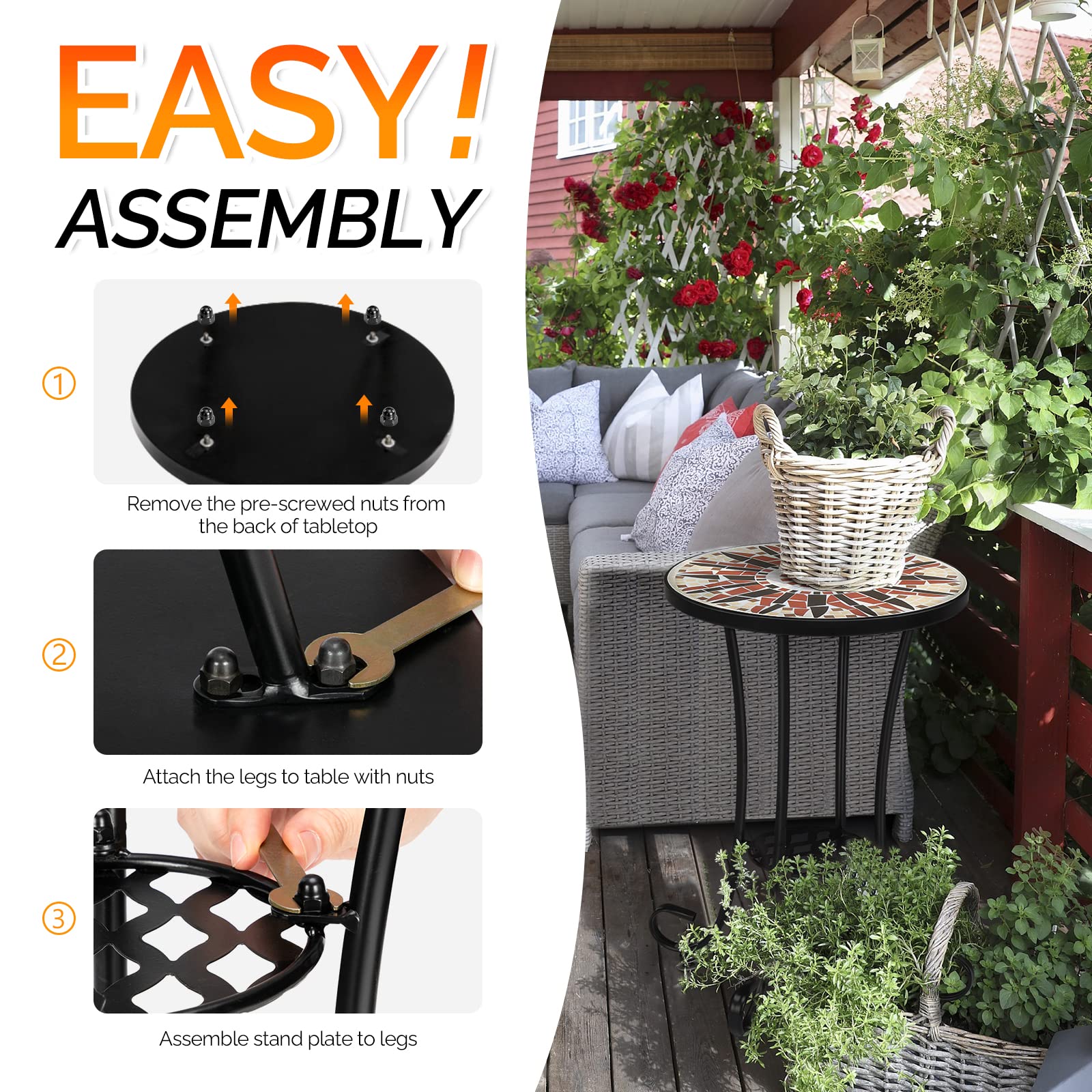 Vingli Mosaic Outdoor Side Table, 14' Round End Table, Accent Table, Ceramic Tile Top Black Iron,Brown Flower