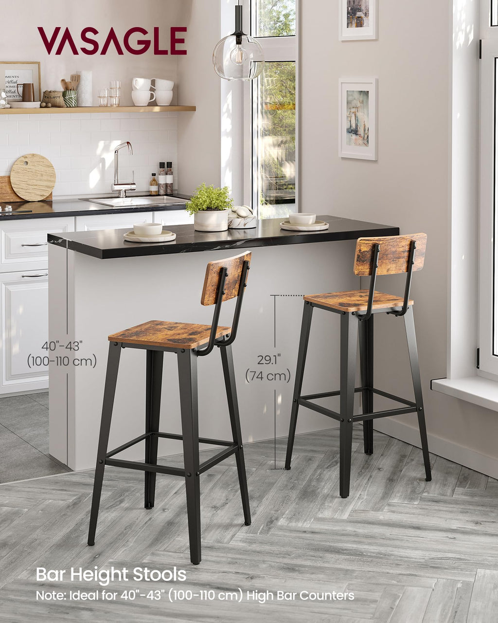 Vasagle Set Of 2 Bar Stools, Bar Height Stools, Tall Bar Stools With Back, Bar Chairs, Steel Frame, Industrial Style, Easy Assembly, Rustic Brown And Ink Black Ulbc078B01