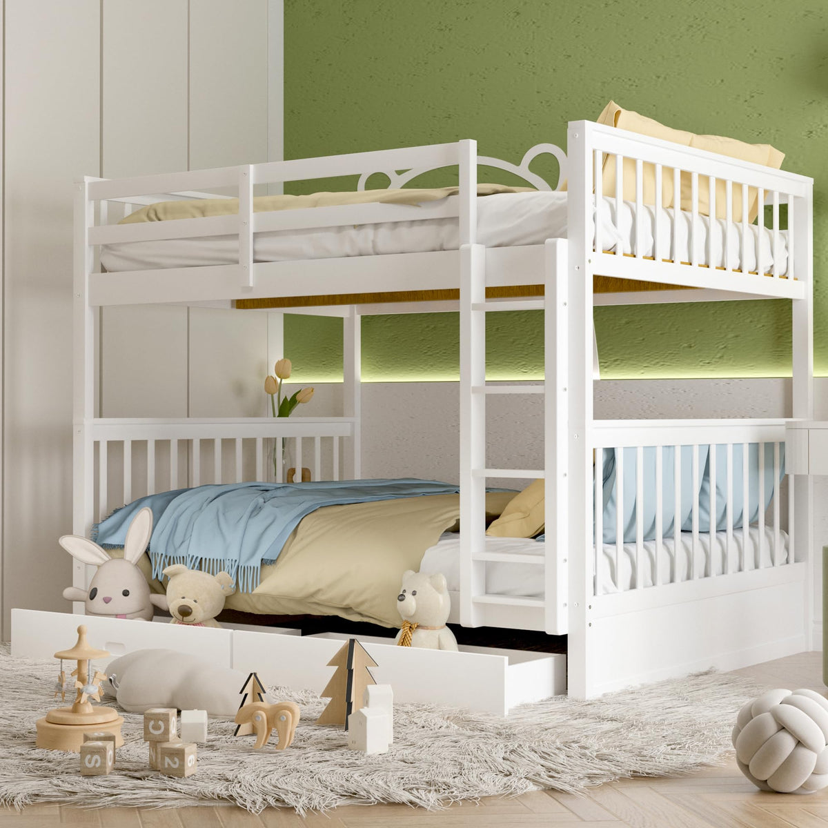 Merax Wood Bunk Bed With Drawers,Convertible Wood Bunk Bed With Ladders And Two Storage Drawers,Solid Wood Detachable Bunk Bed Frame With Ladders,Full Over Full,White