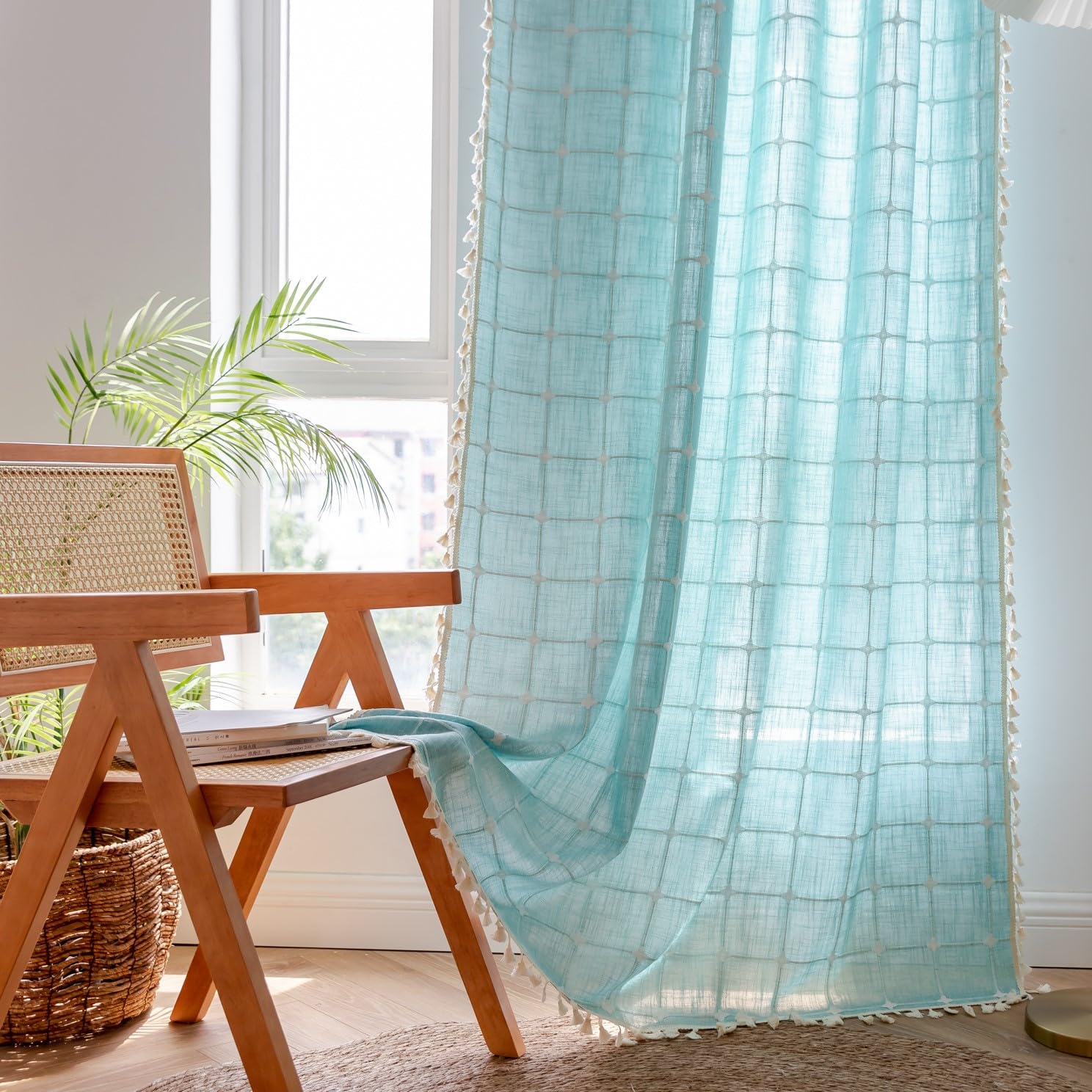Sutuo Home Boho Curtains 72 Inches Long for Kitchen Nursery, Bohemian Embroidery Drape Light Filtering Linen Plaids Farmhouse Ta