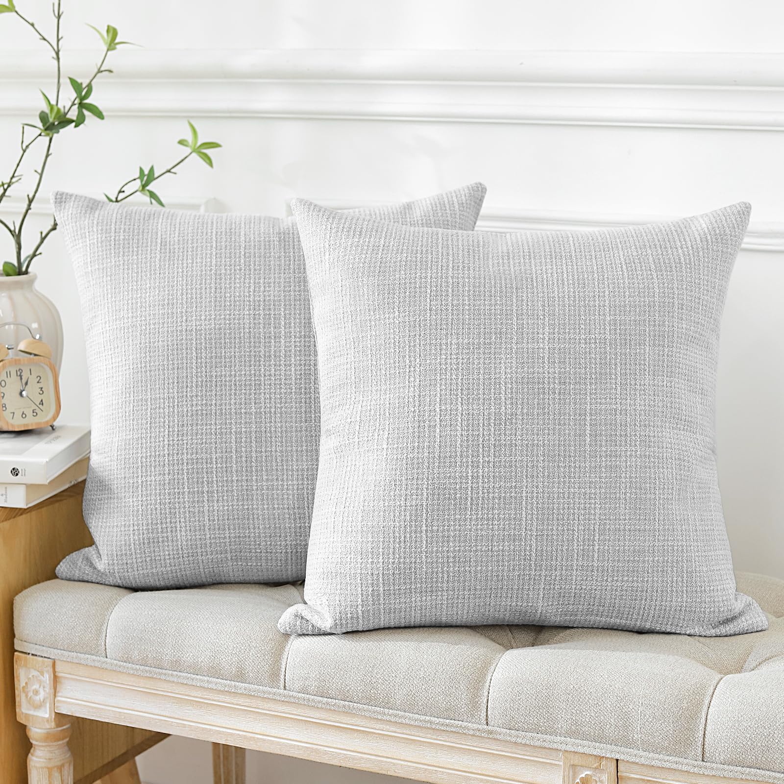 Otostar Pack Of 2 Throw Pillow Covers 16X16 Inch Linen Light Grey Pillowcases Farmhouse Decorative Solid Pillow Covers 40X40 Cm