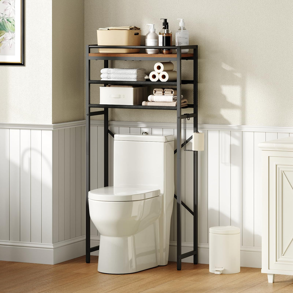 MAHANCRIS Over Toilet Storage, 3Tier Bathroom Organizer Shelf with Toilet Paper Holder, Freestanding Space Saver Bathroom Shelv