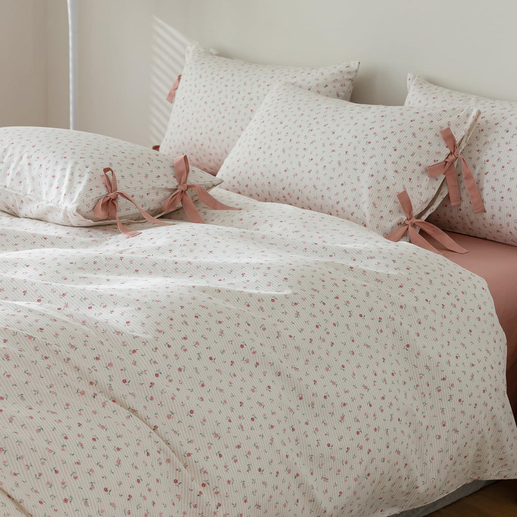 Floral Print Duvet Cover Full Boho Aesthetic Bedding Duvet Cover Cotton Comforter Cover Girl Pink Flower Duvet Cover With 2 Bowk