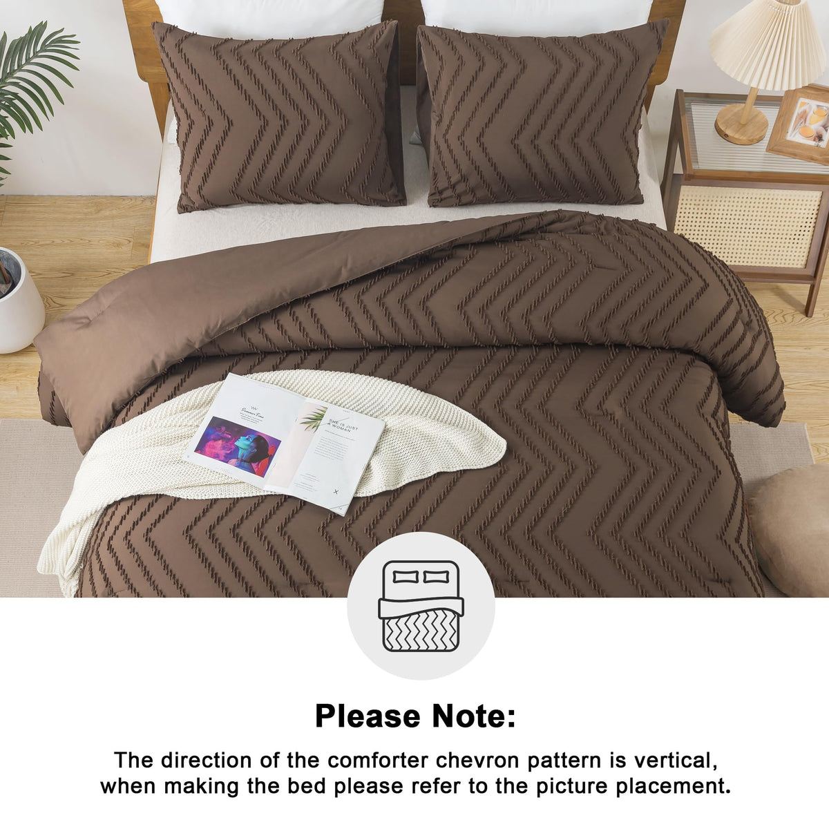 Andency Brown Comforter Set Queen Size, Boho Soft Warm Tufted Bedding Comforter Sets For Queen Size Bed, 3 Pieces Aesthetic Chevron Farmhouse Cute Bohemian Textured Bed Set