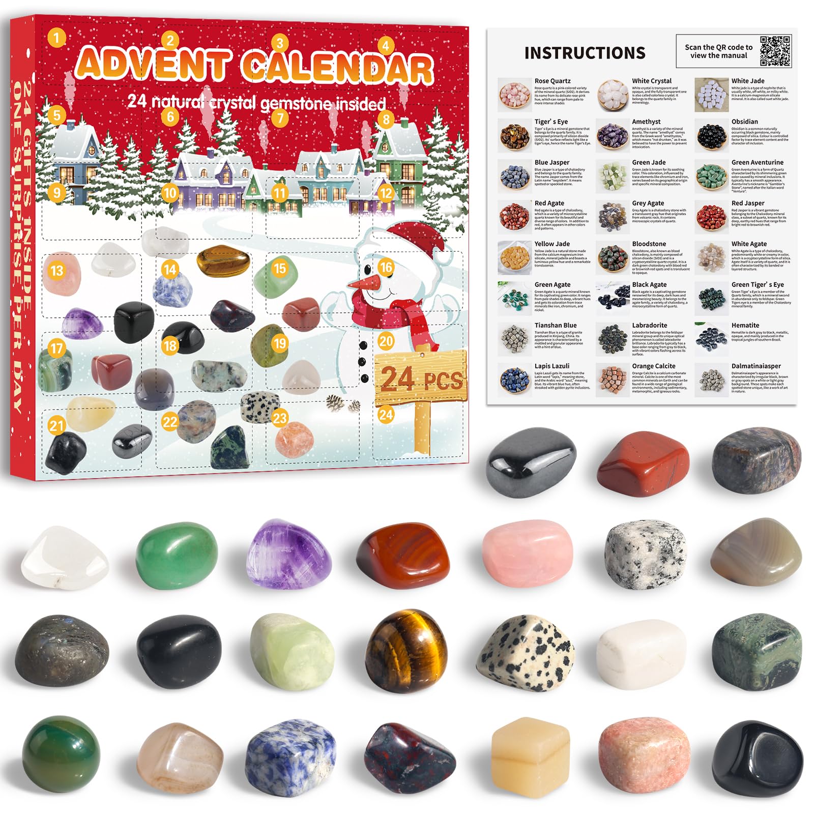 QIAMO Crystal Advent Calendar 2024, Gemstone Advent Calendar with 24 Natural Mineral & Rock, Stone Collection Countdown Calendar