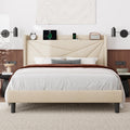 Feonase Queen Size Bed Frame with Charging Station, Linen Upholstered Platform Bed Frame with Wingback Storage Headboard, Solid 