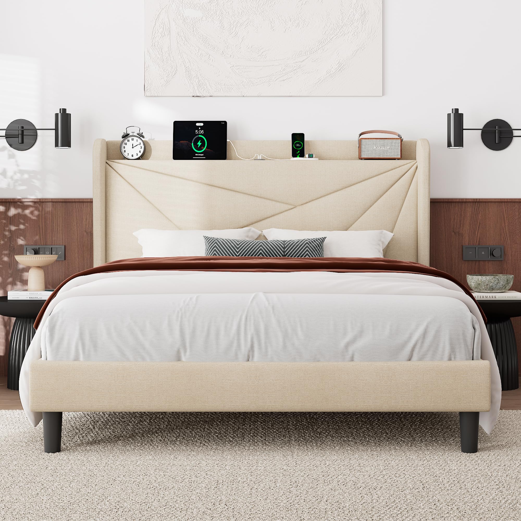 Feonase Queen Size Bed Frame with Charging Station, Linen Upholstered Platform Bed Frame with Wingback Storage Headboard, Solid 
