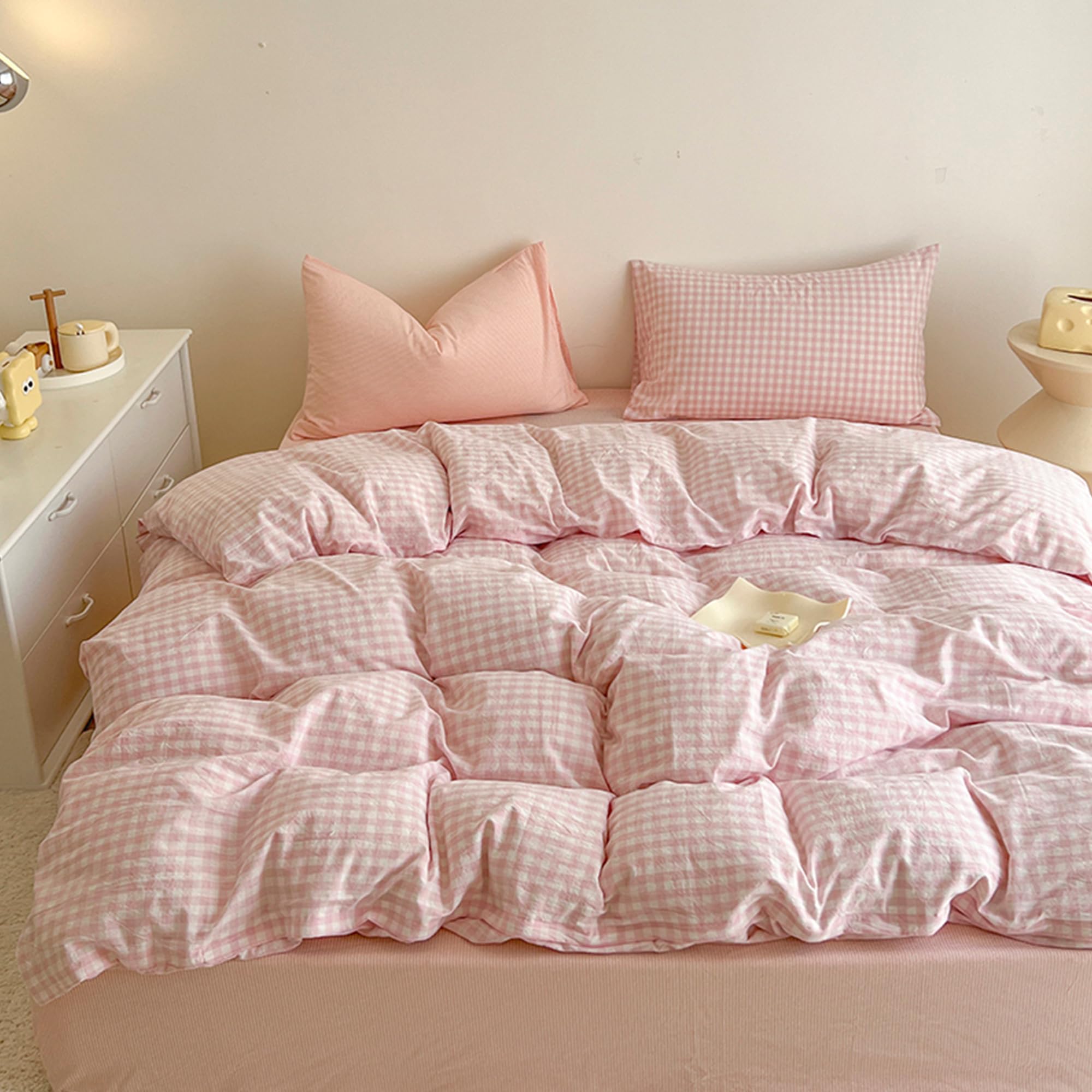 BOLINLIVING Gingham Duvet Cover Queen Size, 3PCS Pink White Checkered Plaid Duvet Cover Set, Microfiber Bedding Set for All Seas