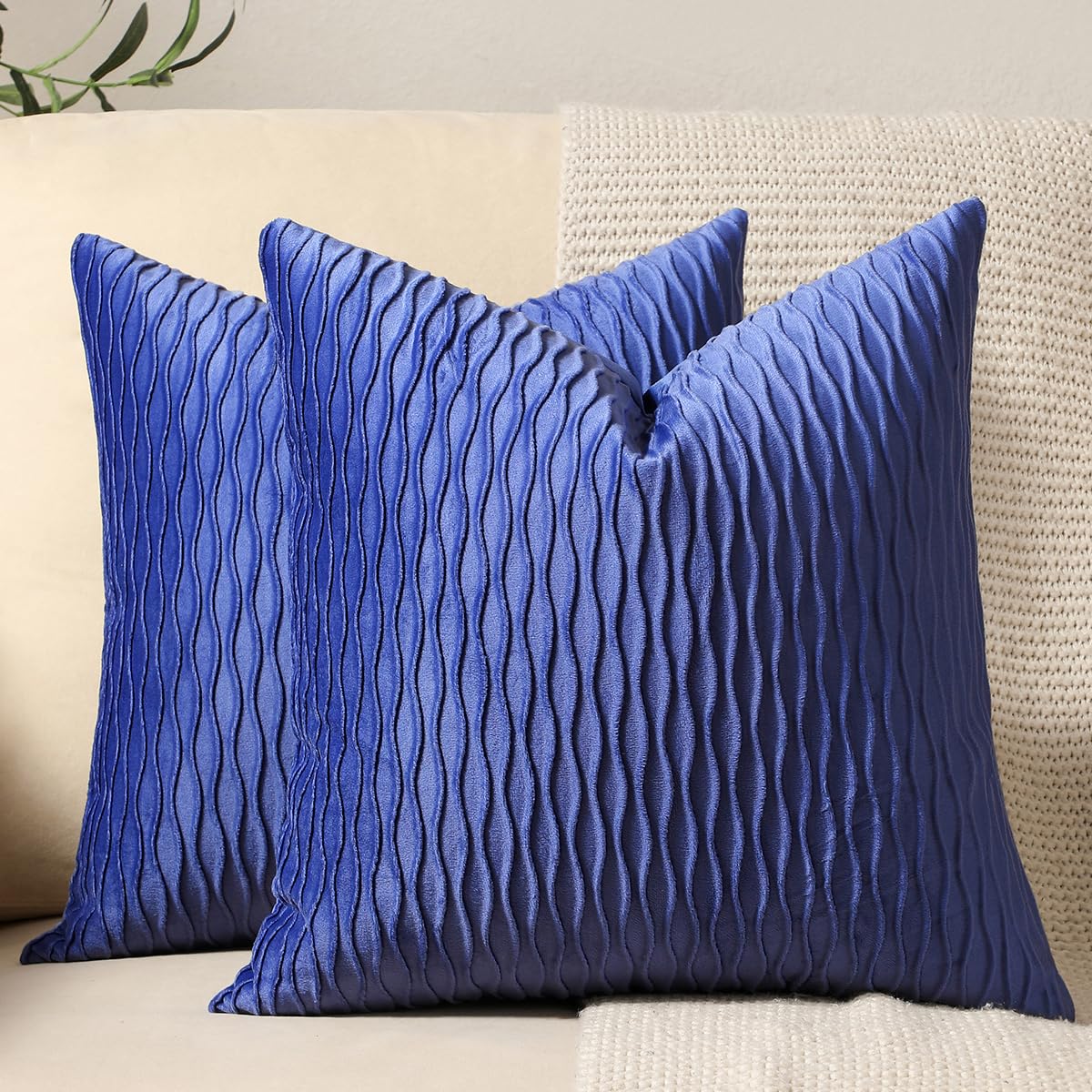 Dezene 16X16 Blue Throw Pillow Covers: 2 Pack Original Striped Velvet Square Decorative Pillow Cases For Farmhouse Couch