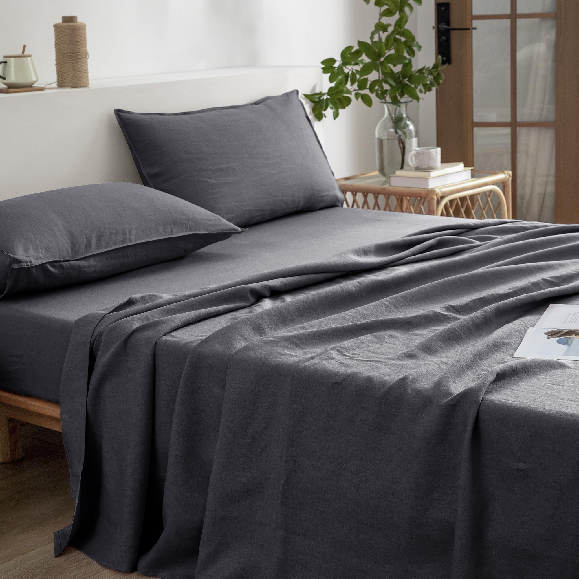 Everly Linen California King Size Sheets Set, 100% Stonewashed French Linen Bed Sheets Deep Pocket Sheets, 4 Pieces (1 Flat Shee