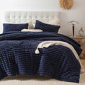 Smoofy Fluffy Queen Size Comforter Set 3 Pieces - Navy Blue Fleece Fluffy Comforter Set, Luxury Fuzzy Queen Bedding, Soft Warm Q