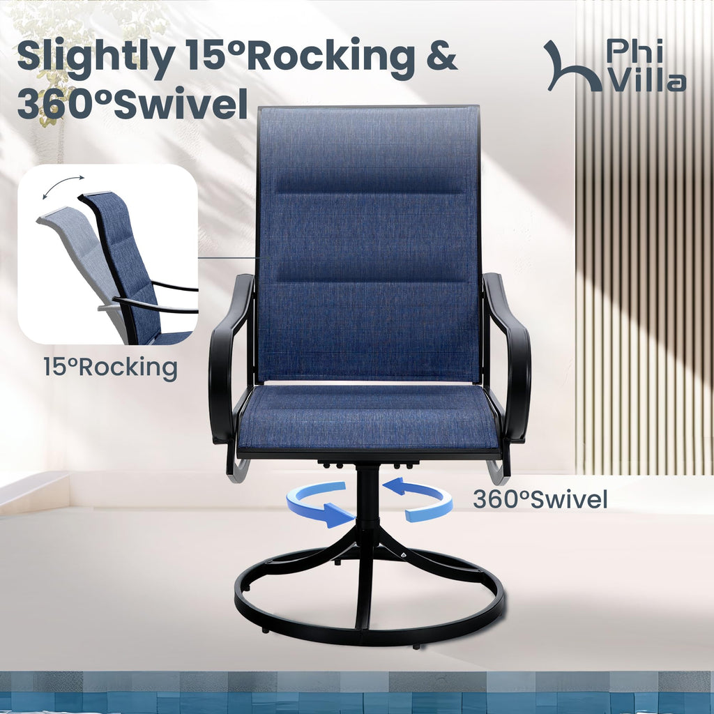 Phi Villa Patio Swivel Dining Chairs Set Of 4, All Weather Outdoor Chair With Padded Textilene & Black Metal Frame For Outdoor Lawn Garden Poolside (Blue)