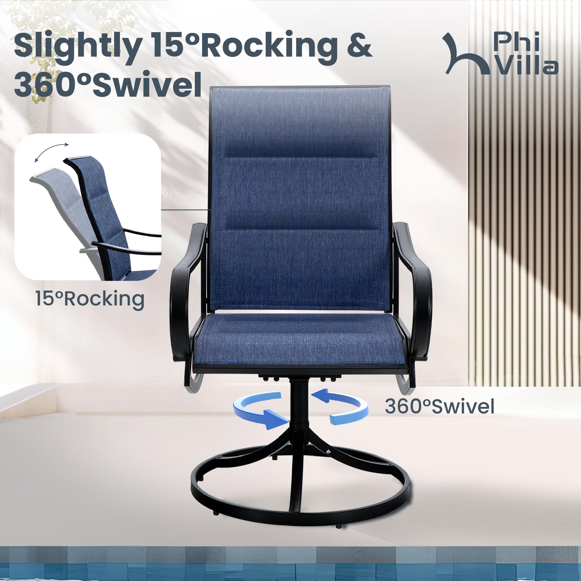 Phi Villa Patio Swivel Dining Chairs Set Of 4, All Weather Outdoor Chair With Padded Textilene & Black Metal Frame For Outdoor Lawn Garden Poolside (Blue)